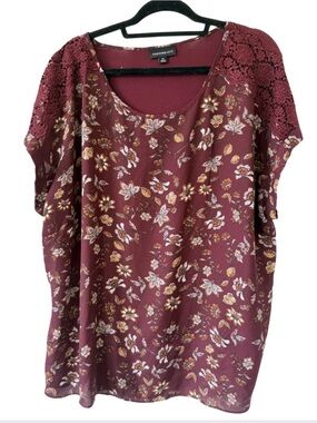 Fortune+Love Maroon Floral Lace Shoulder Blouse